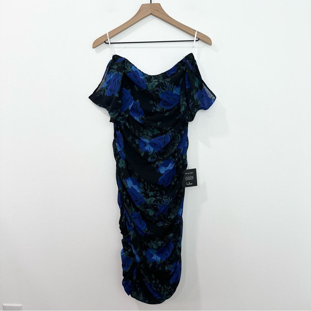 Lulus Blithesome Black Floral Print Ruched Off-the-Shoulder Midi Dress Romantic